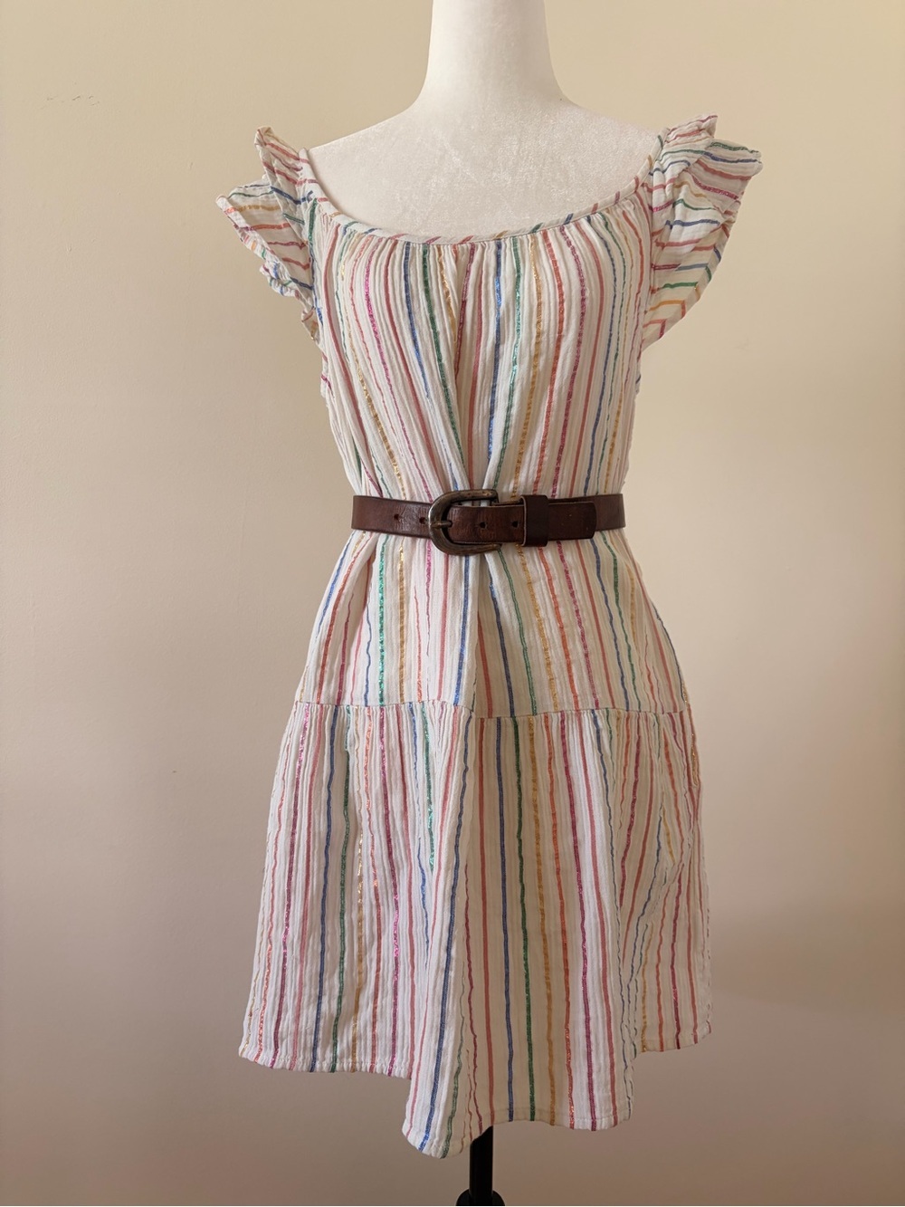 🌸 3/$50: GAP White Mini Dress with Pastel Stripes and Ruffle Sleeves